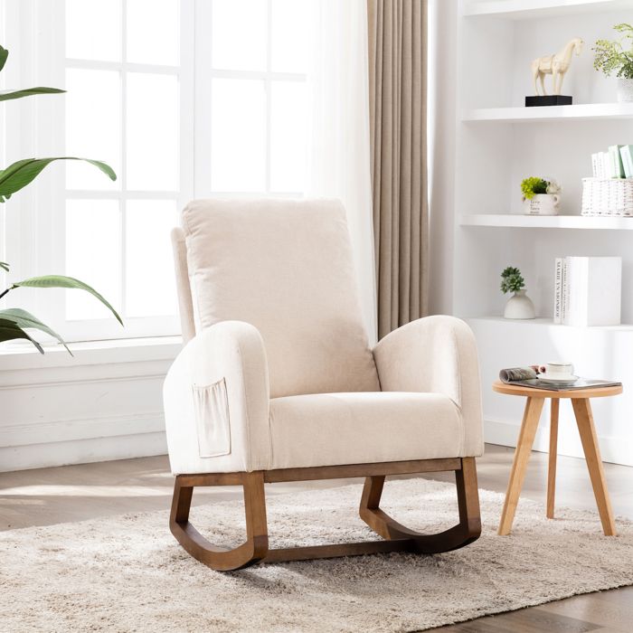 fauteuil à bascule en bois massif - fauteuil confortable avec poche latérale - fauteuil lounge avec dossier haut - beige